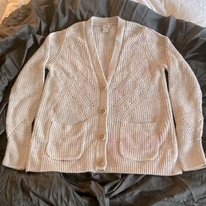 LB Bean Linen-blend Button-Front V-neck Cardigan, Sandstone Heather Color, Small